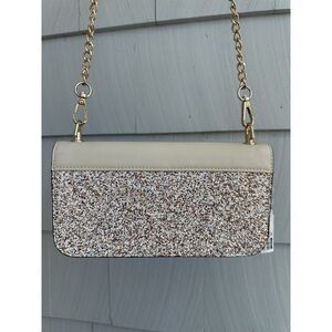 Aldo Evening Bag Beige with Sparkles and Gold Accents and Chain, Zip Closure